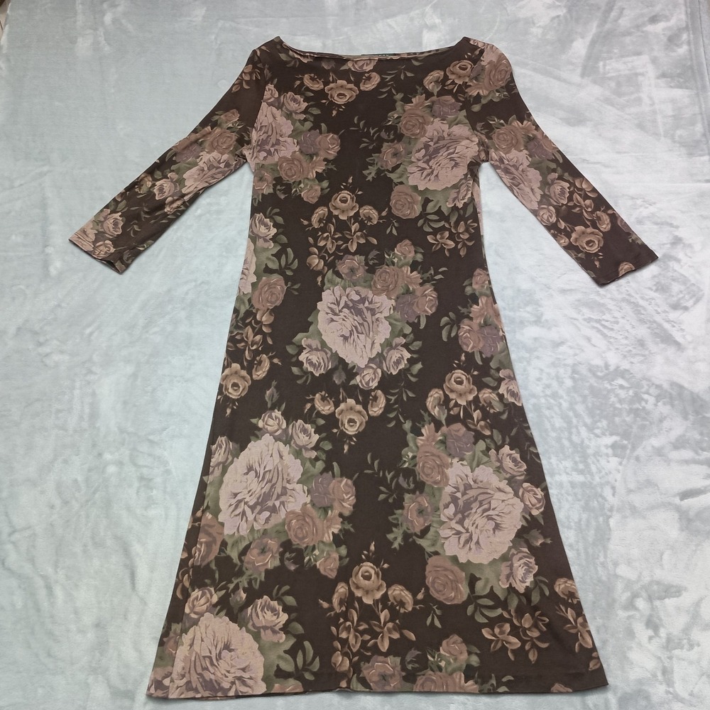 Lauren Ralph Lauren Dress Womens M Brown Floral Silk Blend Boat Neck Midi Sheath